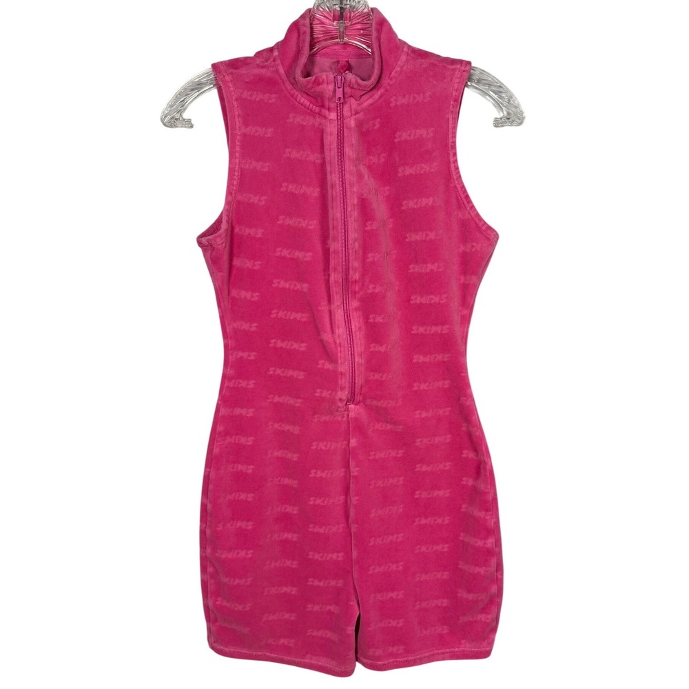 SKIMS Logo Velour Short Onesie Romper, Hot Pink, 1/2 Zip, Size Small
